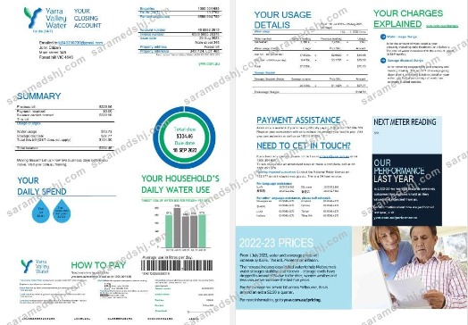 Melbourne Yarra Valley Water water utility bill Word and PDF formats, 2 pages